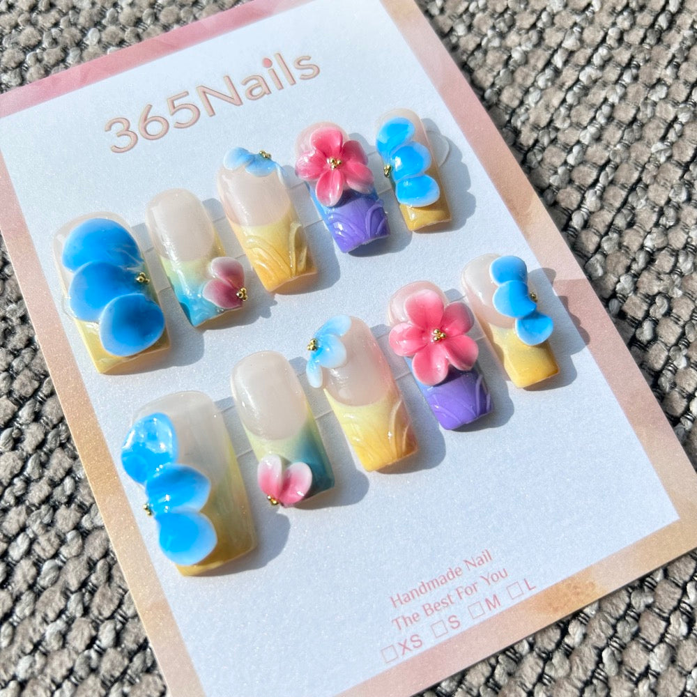 Sculpted Flora: "Pastel Spring Garden" – 3D Blue & Pink Floral Colorful French Square Nails