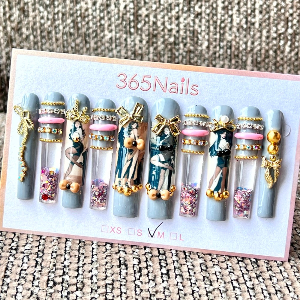 365nails: "Preppy Grey Chic Doll" – Handmade Liquid Motion Press-On Long Pipe Nails-5.5cm