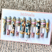 365nails: "Preppy Grey Chic Doll" – Handmade Liquid Motion Press-On Long Pipe Nails-5.5cm