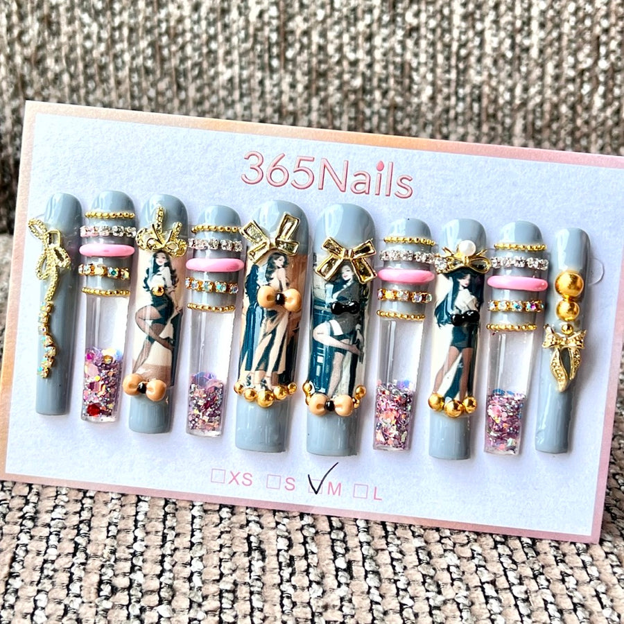 365nails: "Preppy Grey Chic Doll" – Handmade Liquid Motion Press-On Long Pipe Nails-5.5cm
