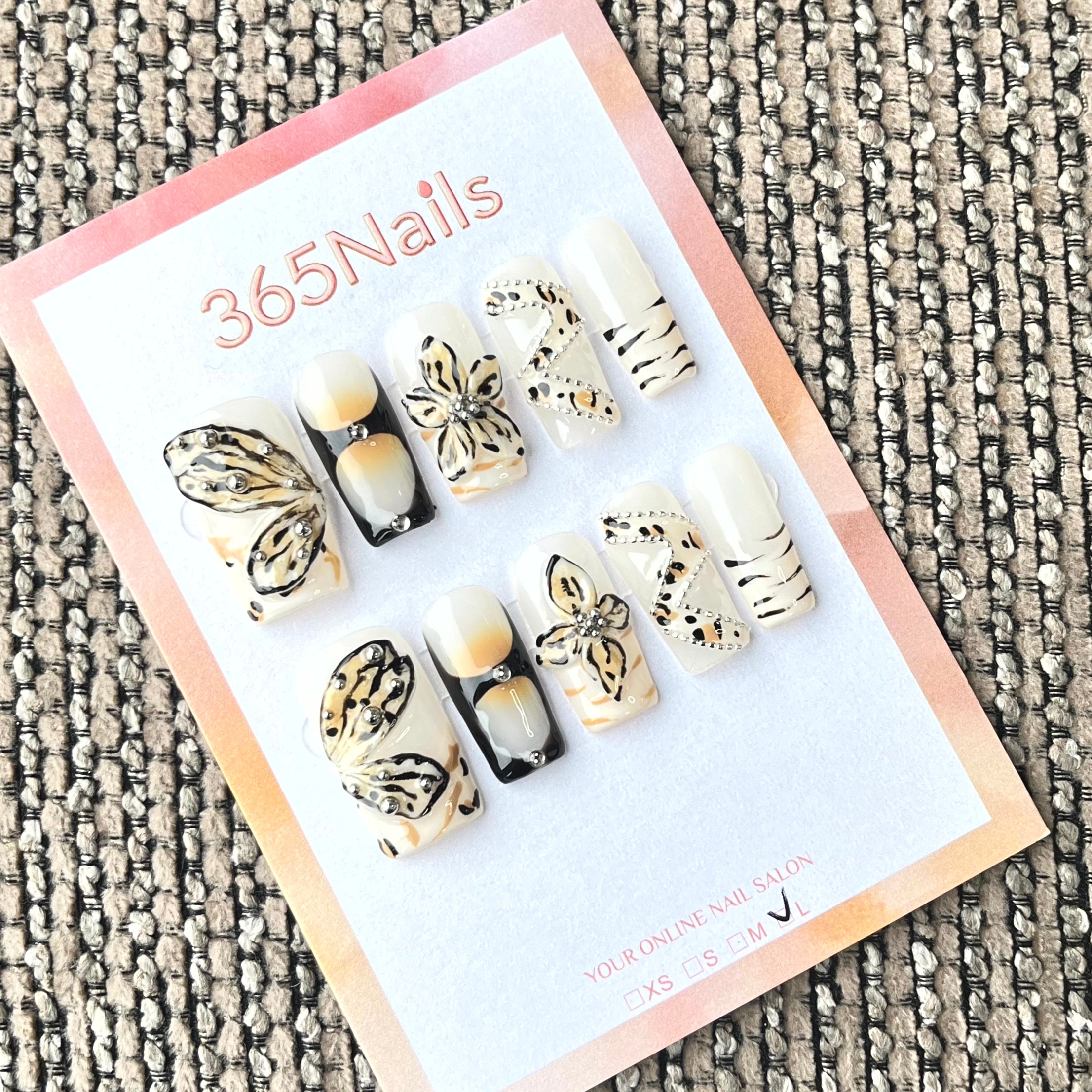 365nails: "Leopardo Selvagem" – Borboleta 3D e Unhas Quadradas Manuais com Estampa de Animal Safari