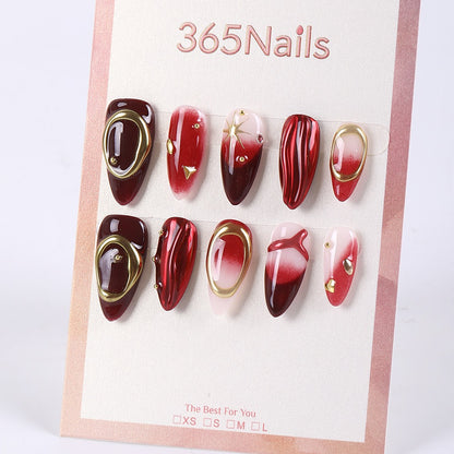 365Nails Wine Jelly Ombre with Gold Frames & Ripple Sculpt Almond Press-Ons