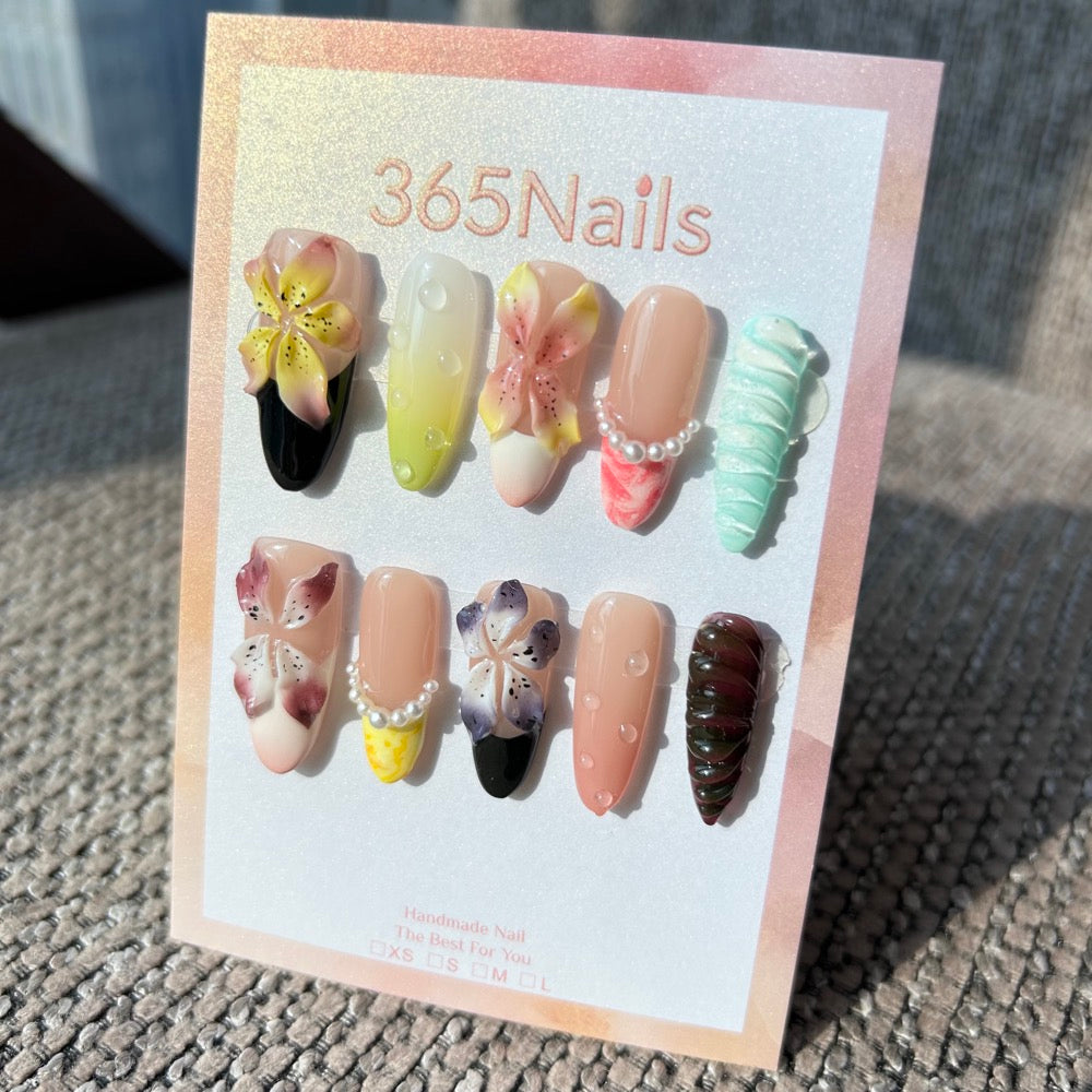 Handmade Eclectic Garden 3D Orchid Press-on Nails | Pearl Chains & Ribbed Texture | Medium Almond