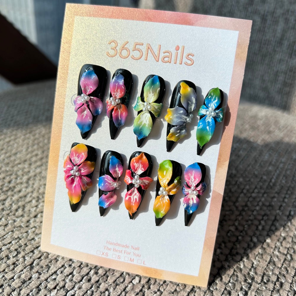 Handmade "Midnight Bloom" 3D Floral Press-on Nails | Gradient Petals & Pearls | Short Stiletto | 10pcs Set