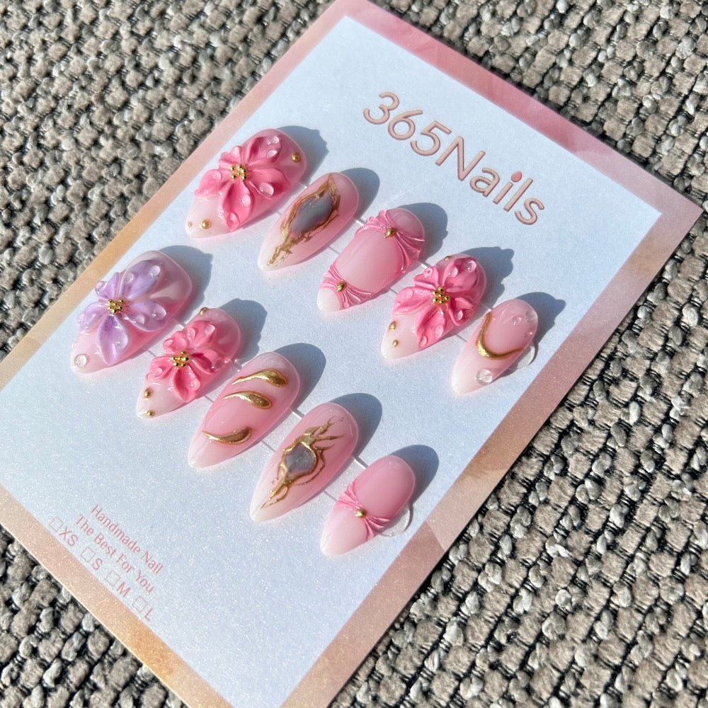 Handmade "Sakura Pink" 3D Floral Press-on Nails | Gold Accents & Water Drops | Almond