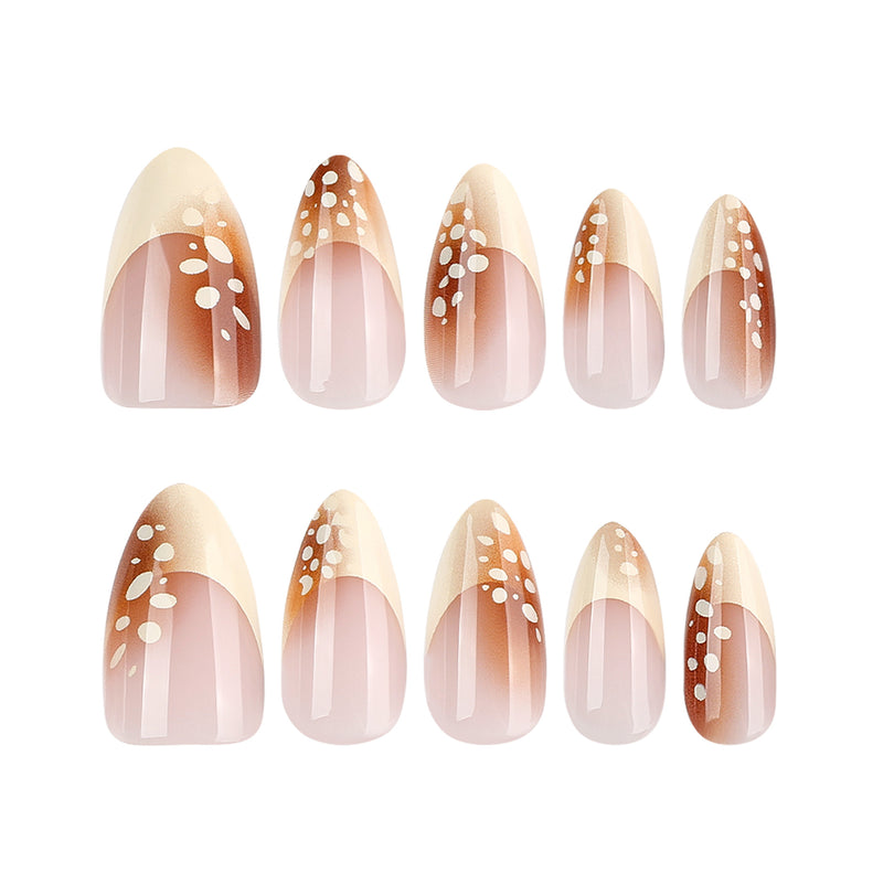 Ten almond press-on nails with beige-to-brown gradient design on white background