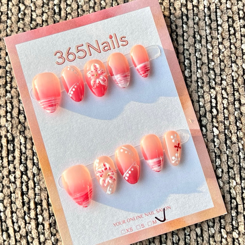 365nails: "Pink Flower Ocean Wave Short" – Handmade Short Almond Press-On Nails