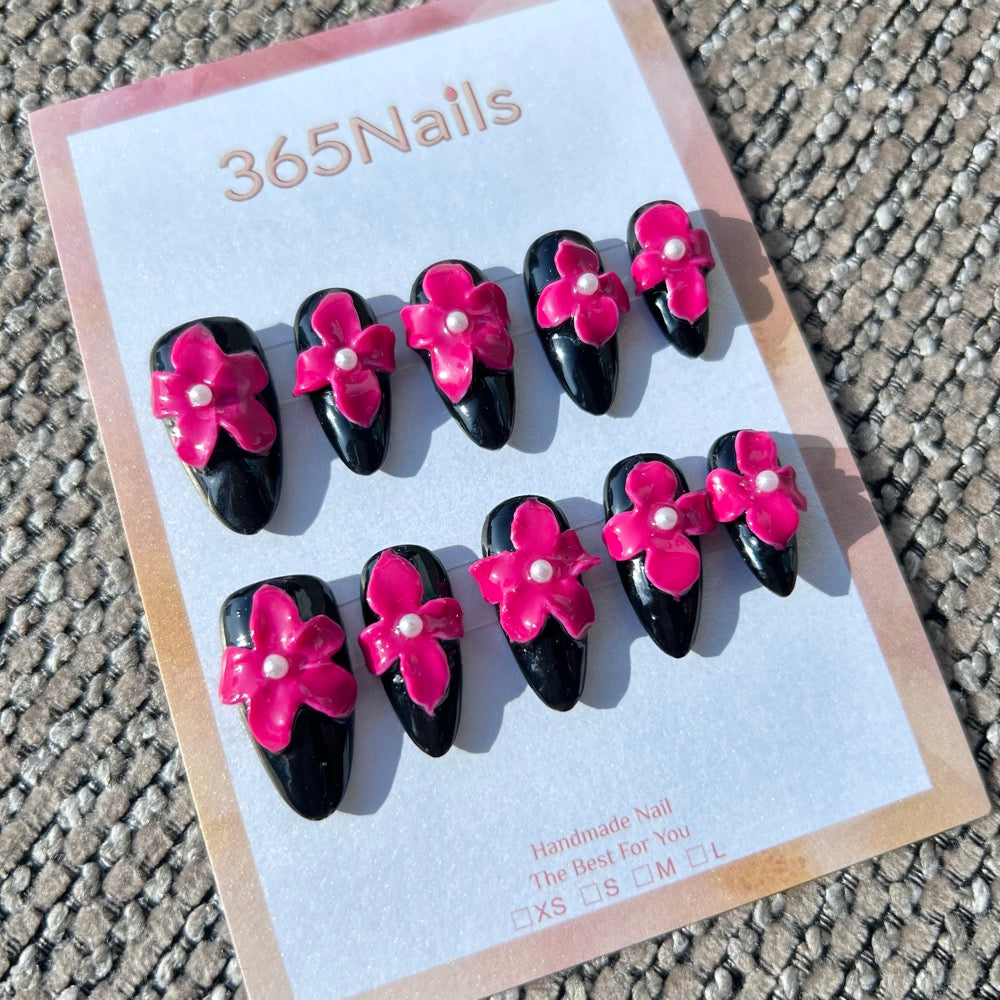 Sculpted Flora: "Midnight Magenta Bloom" – Full Set 3D Hot Pink Flowers on Black Stiletto Nails