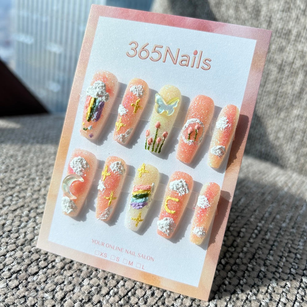 Sweet & Dopamine: "Rainbow Peach Sorbet" – Peach & Lemon Gradient, Sugar Glitter, 3D Rainbow, Cloud, Tulip & Butterfly Press-on Nails