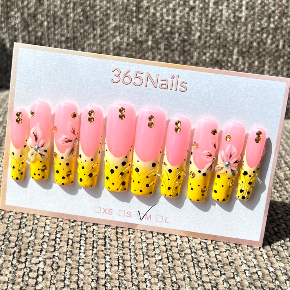 365nails: 햇살 스플래시 – 3D 꽃 장식 & 도트 수제 롱 스퀘어형 프레스온 네일