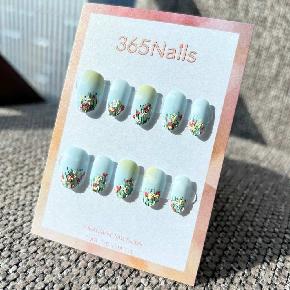 Sweet & Dopamine: "Sunny Meadow" – Sky Blue & Yellow Gradient, 3D Impasto Wildflower Field, Short Round Press-on Nails