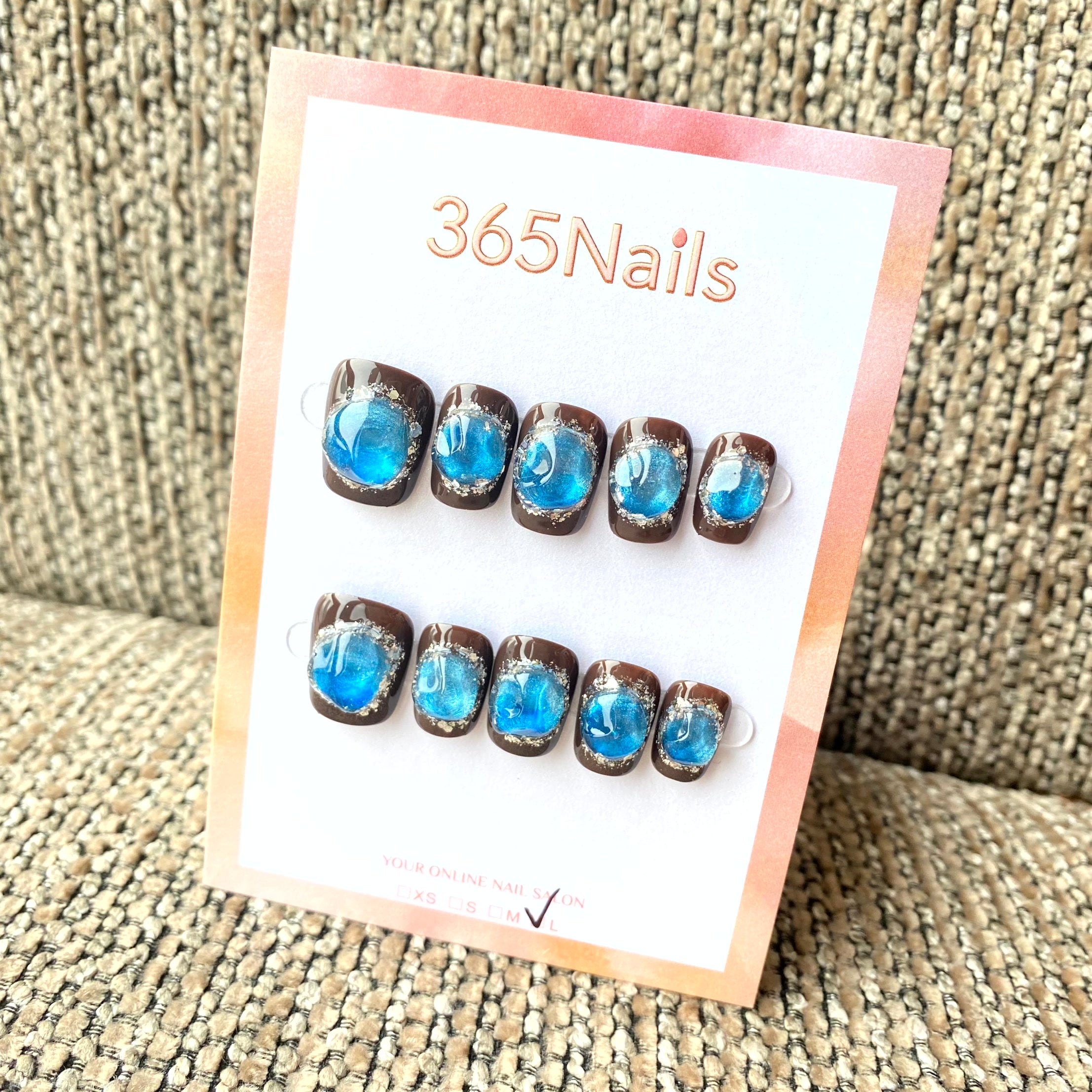 365nails：「神秘綠松石」—3D 寶石與棕色果凍 手工製 方圓形穿戴甲