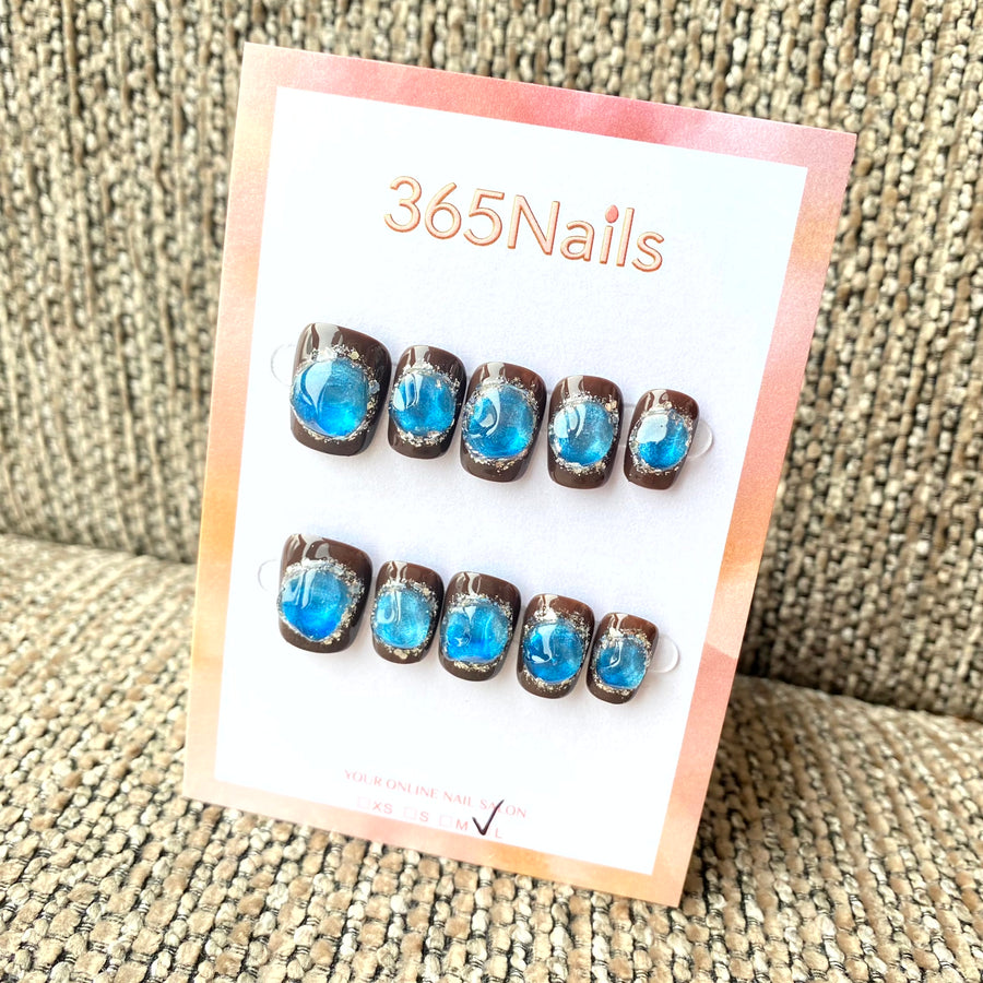 365nails: "Mystic Turquoise" – 3D Gemstone & Brown Jelly Handmade Squoval Nails
