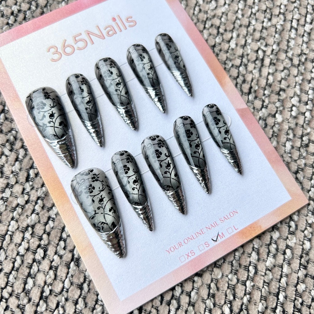 Femme Fatale: "Iron Rose" – Grey Cat Eye with Black Vintage Floral Vines & 3D Silver Chrome Ridged Armor Tips Long Stiletto Nails
