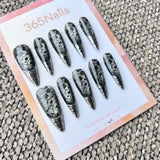 Femme Fatale: "Iron Rose" – Grey Cat Eye with Black Vintage Floral Vines & 3D Silver Chrome Ridged Armor Tips Long Stiletto Nails