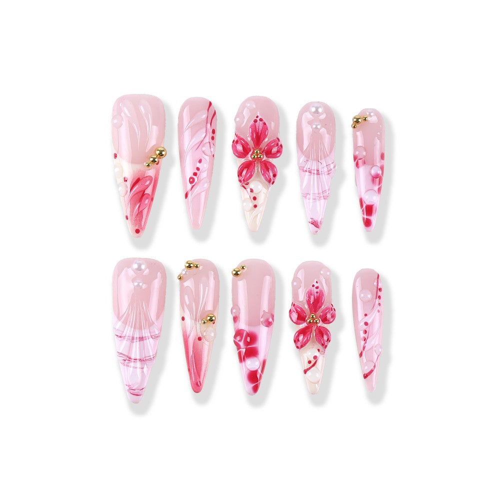 Cherry Blossom Pink Frosting Gradient × 3D Flower Pearls Press On Nail