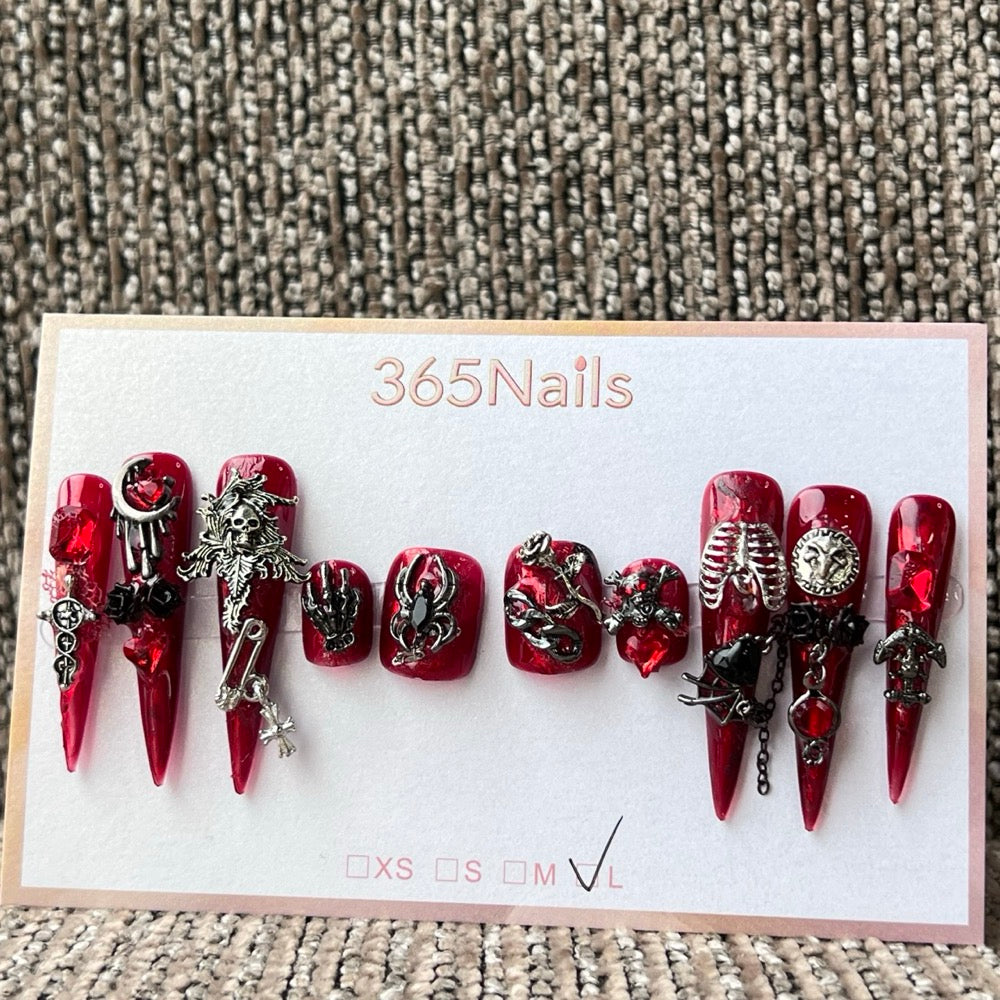 365nails: 고딕 레드 해골·거미·스켈레톤 수제 프레스온 네일