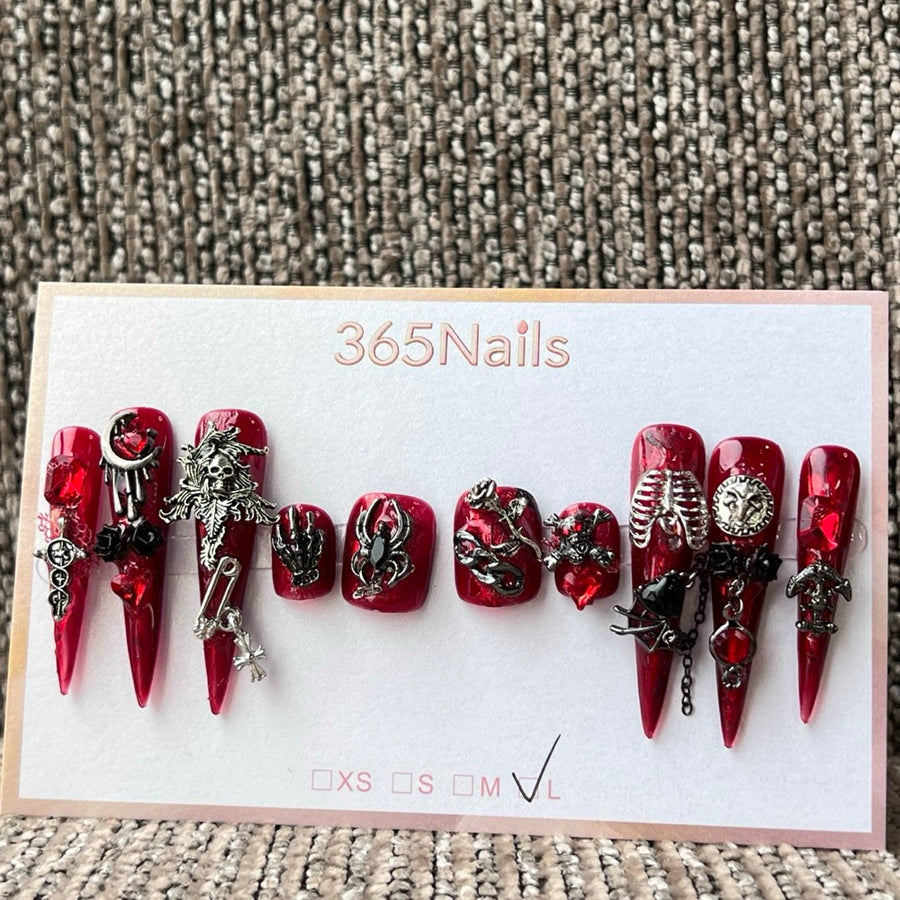365nails: "Gothic Red Skull Spider Skeleton" – handmade press-on nails