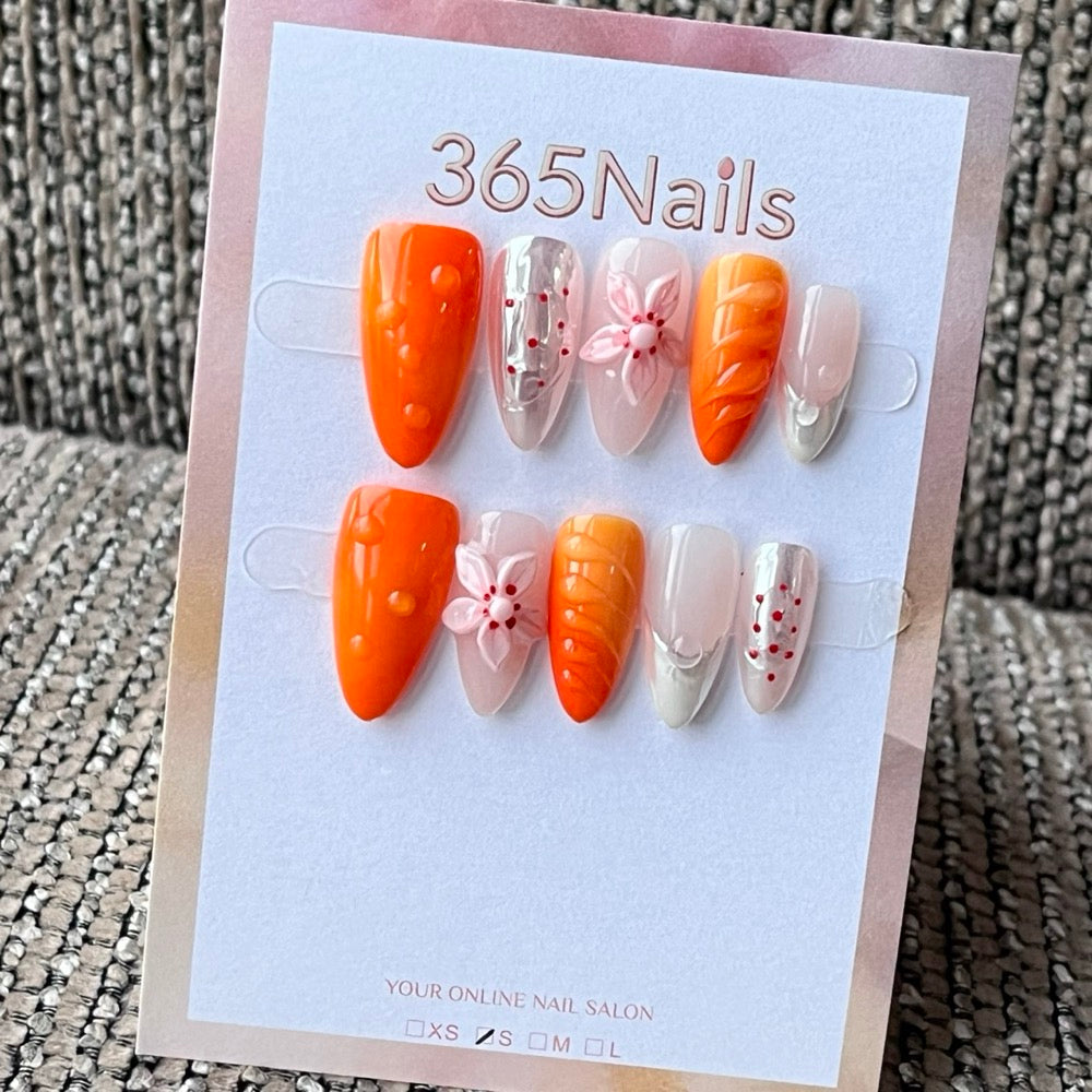 Orange Ombre Floral Press-On Nails