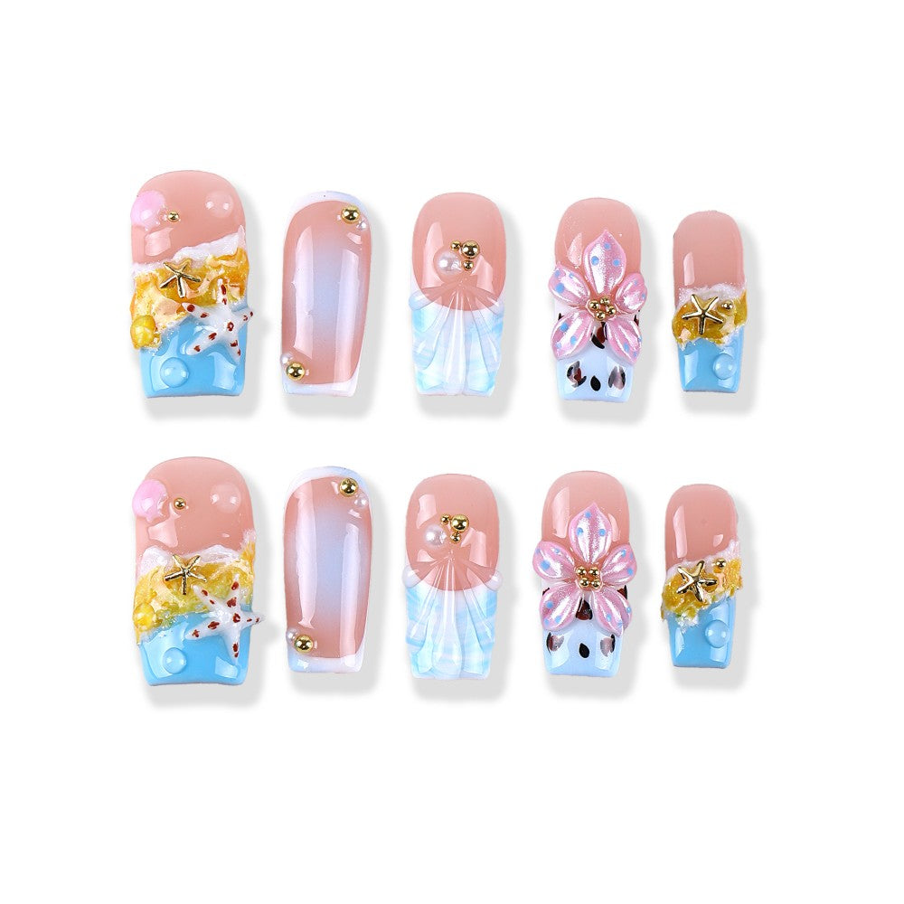 Beach Blue and Seashell Gold 3D Flower Press On Nail