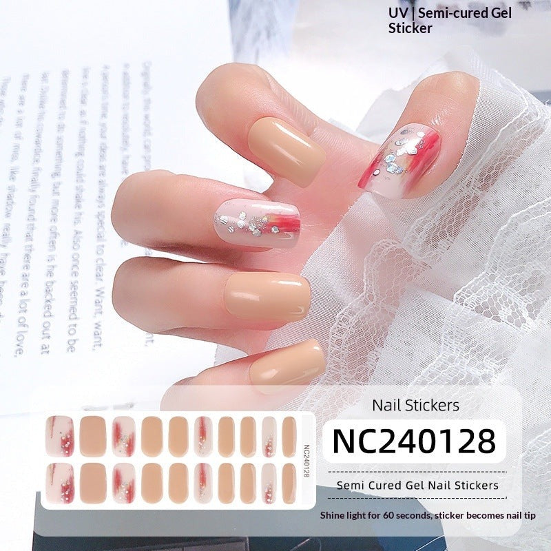 Semi-Cured Gel Nail Strips French Glitter Pink Sparkle Glossy Set (MOQ=3)