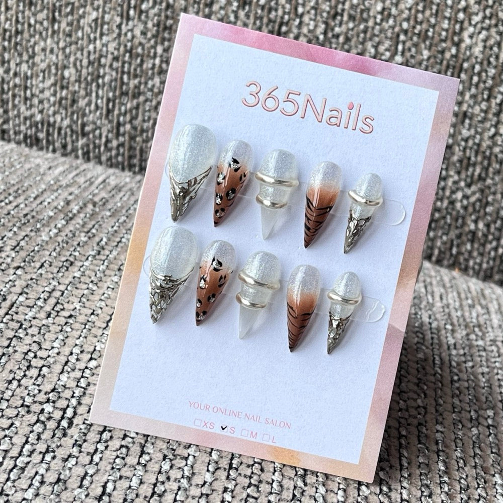 White Glitter & Brown Leopard Stiletto Press-On Nails with 3D Charms