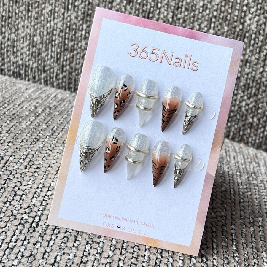 White Glitter & Brown Leopard Stiletto Press-On Nails with 3D Charms