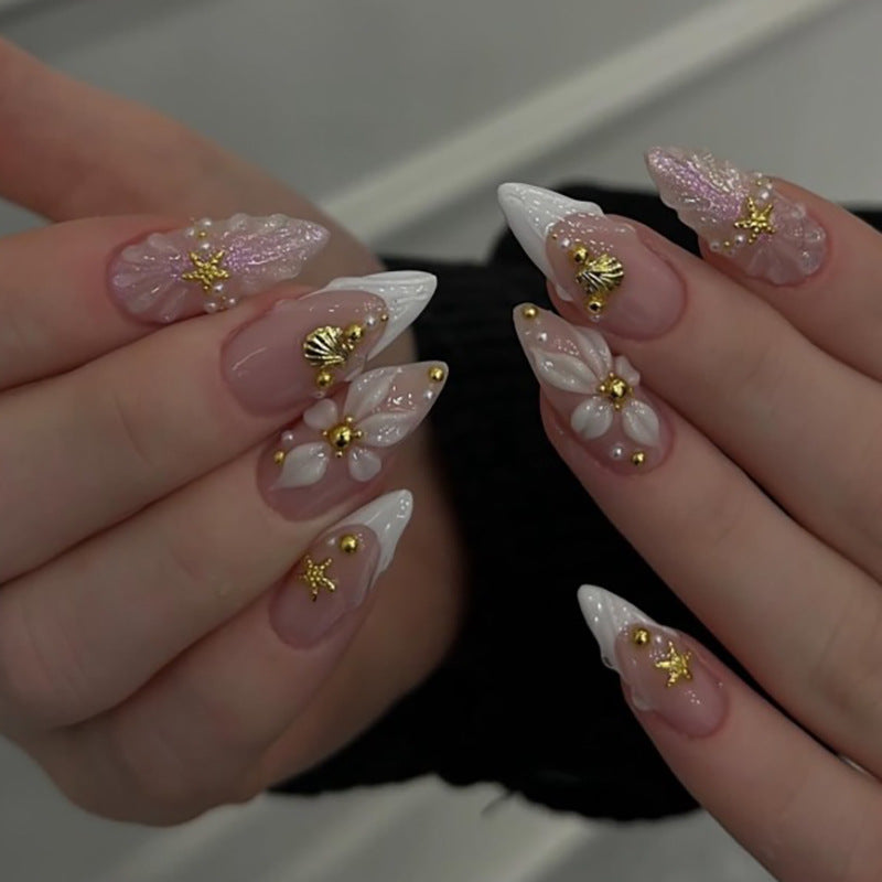 3D French Floral Glossy Pink White Almond Short Press On Nails – Design 53