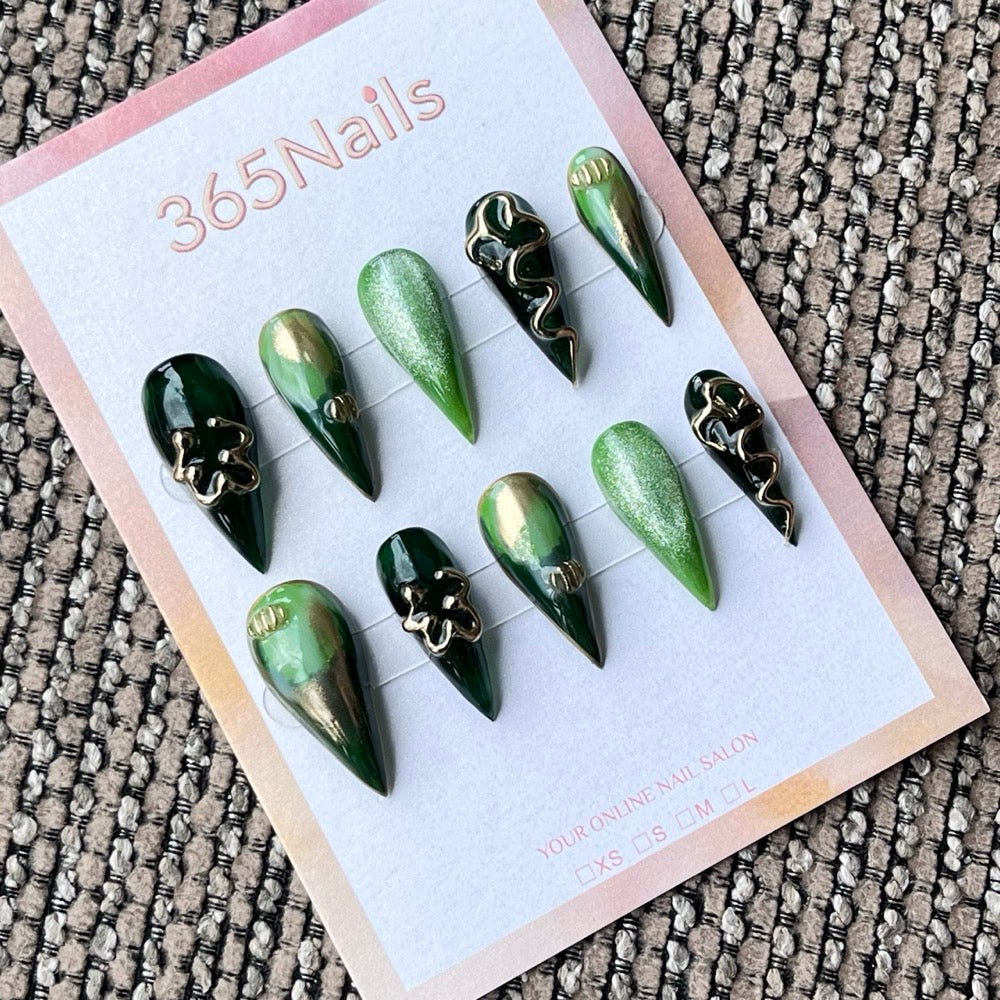 Emerald Green & Gold Ombre Stiletto Press-On Nails with 3D Charms