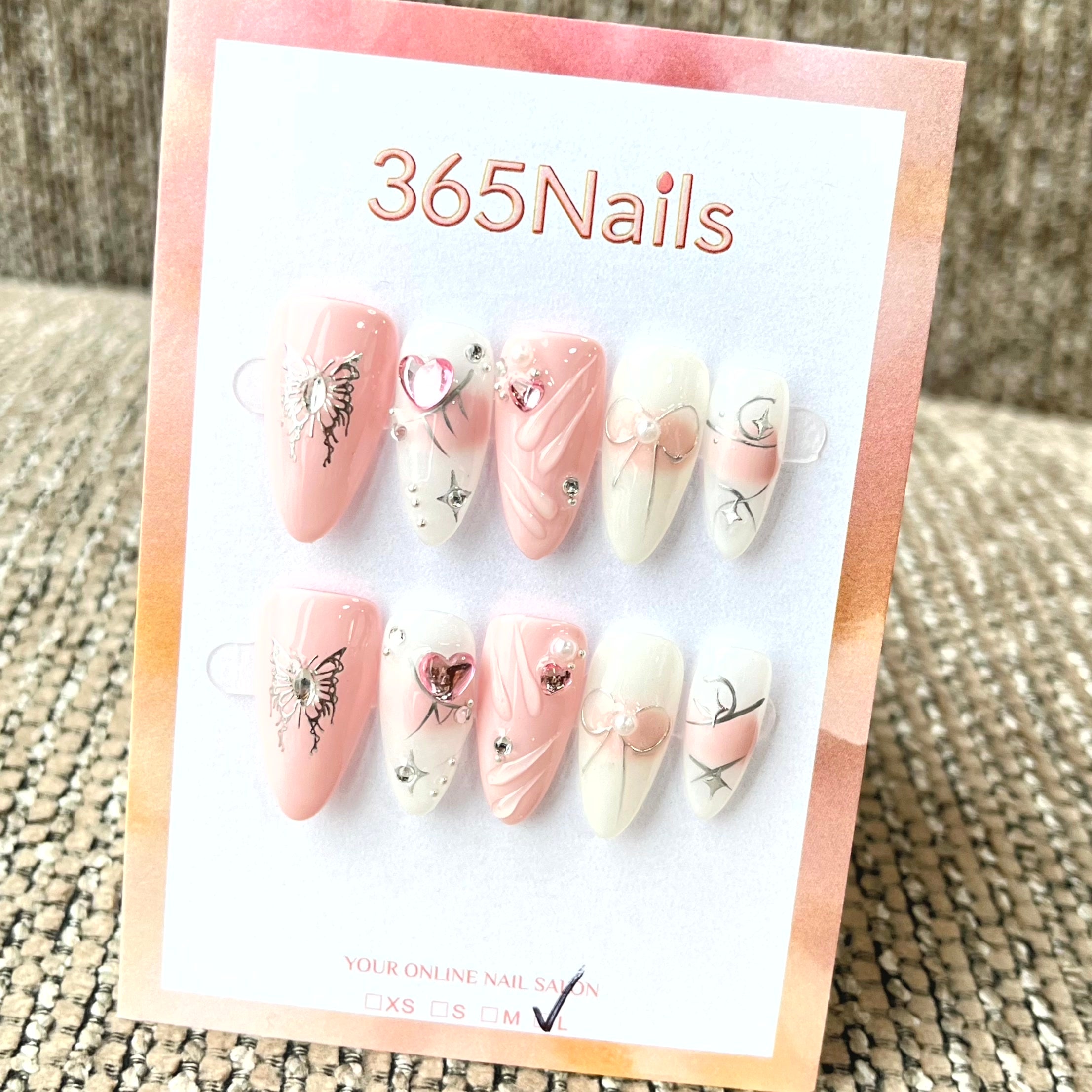 365nails: "Butterfly Ballet" – 3D Bow & Line Art Handmade Almond Nails