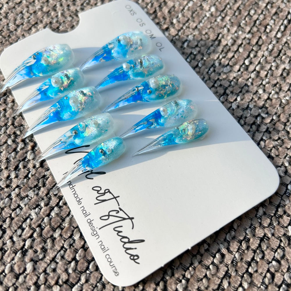 Glacier Mermaid Tears Press On Nails｜Icy Blue Water Ripple Long Stiletto