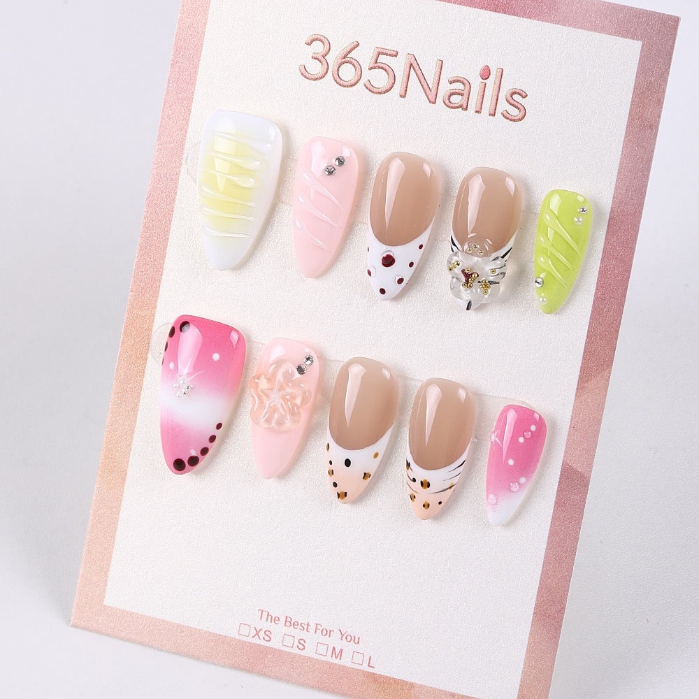 365Nails French Jelly Press-On Nails Nude-Pink Green Mix Dots Bow Rhinestone Glossy Daily Chic
