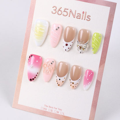 365Nails French Jelly Press-On Nails Nude-Pink Green Mix Dots Bow Rhinestone Glossy Daily Chic