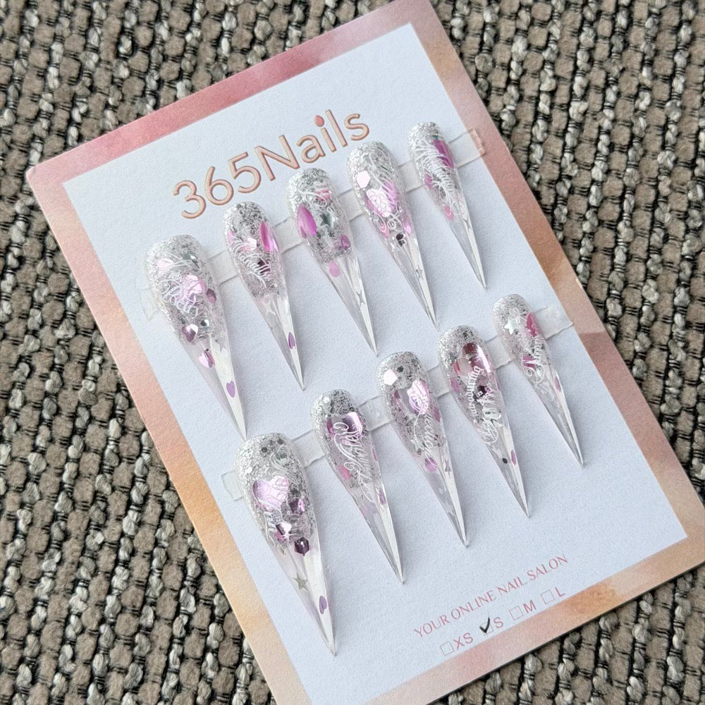 365nails: "Pink Silver Glitter Heart Filigree" – Foil Flake & Metal Heart Handmade Long Stiletto Nails