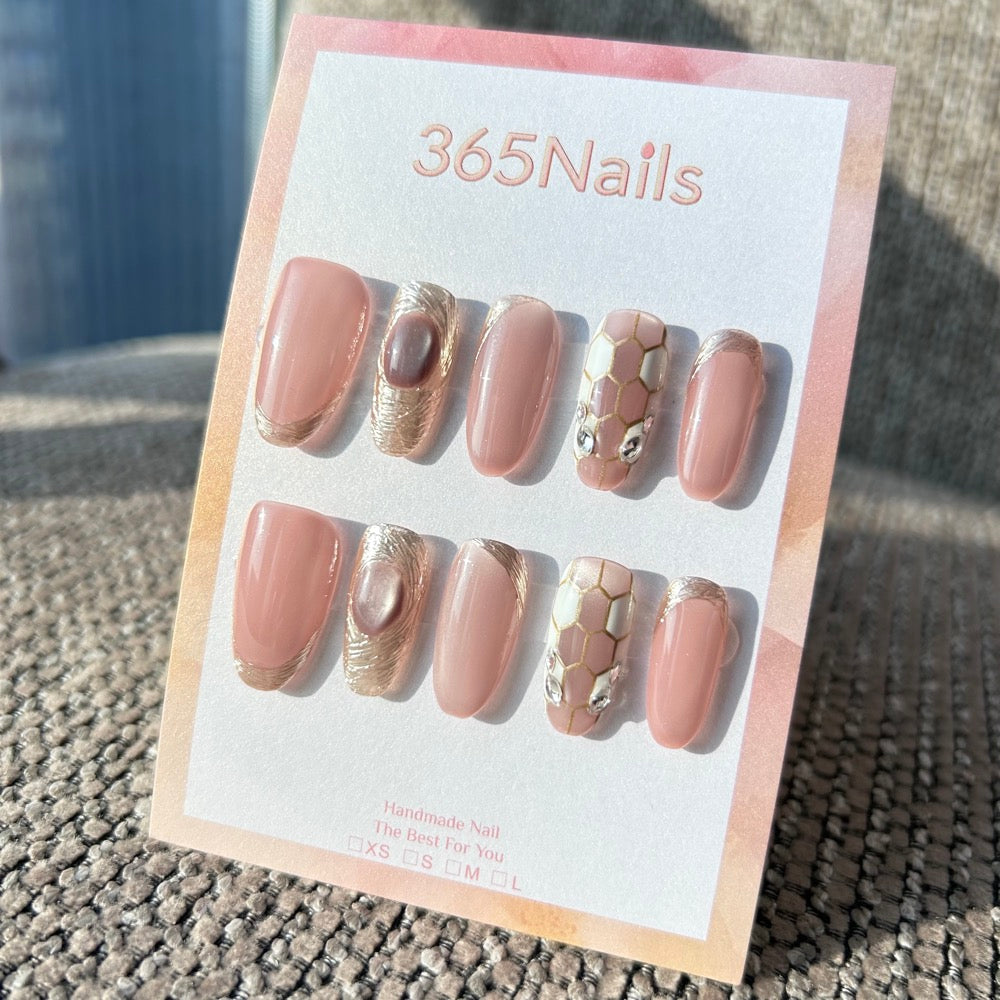 Luxury Logo The Gilded Serpent: "Blush Python" – Nude Pink Handmade Press-On Nails with Gold Scales & Vintage Gem Accent