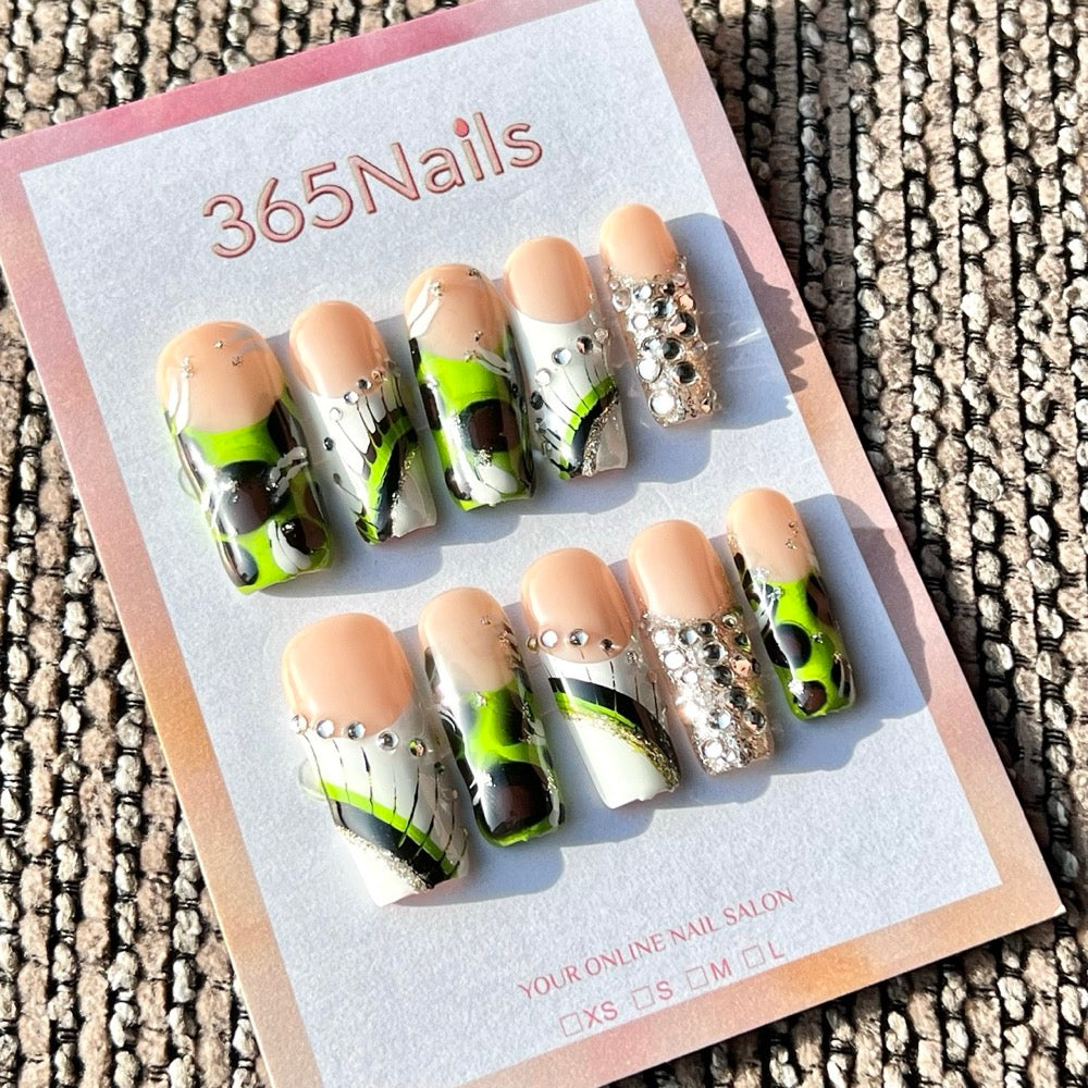 365nails: "Neon Green Abstract" – Handmade Medium Square Press-On Nails