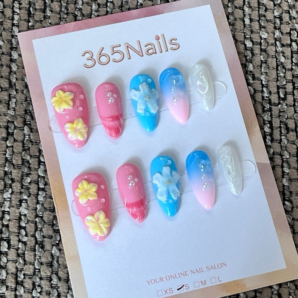 Poolside Petals - Blue Pink 3D Press-On Nails