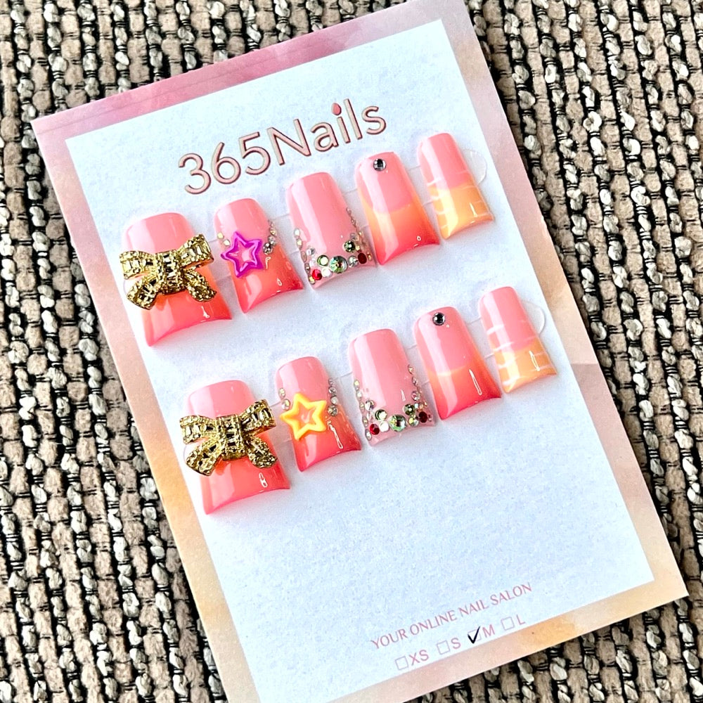 "Sunset Gradient Bow Star" - Wholesale Ultra-Soft Flexible Fit Handmade Nails (MOQ=100)