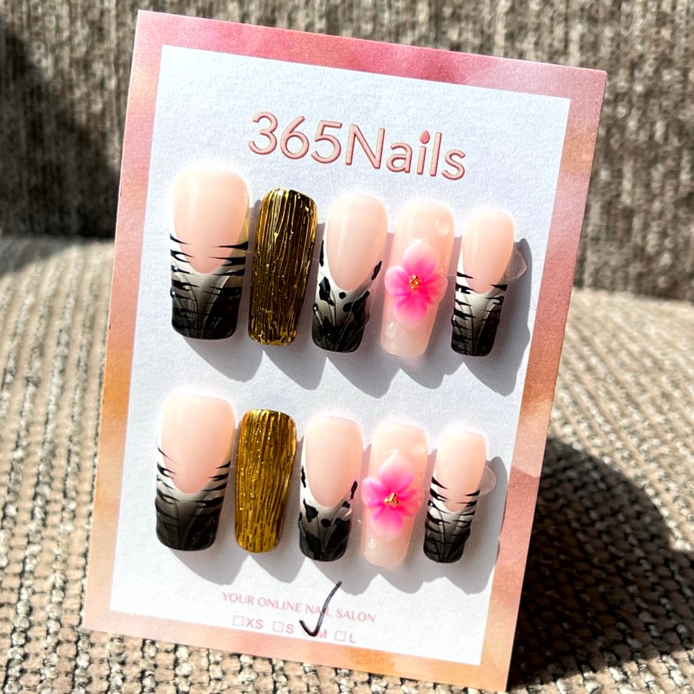 365nails: "Velvet Rose" – 3D Floral French Tip Handmade Medium Square Nails