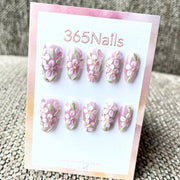 365nails: "Lilac Garden" – 3D Floral Handmade Medium Coffin Nails