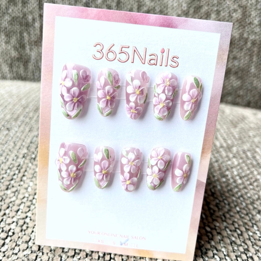 365nails: "Lilac Garden" – 3D Floral Handmade Medium Coffin Nails
