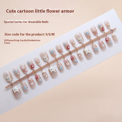 Pontas de unha pré-fabricadas, desenho animado fofo, esquema de cores de animais, flor pequena, amor, oblíqua, francesa, doce, menina, peça de arte de unha removível ｜ 365nails