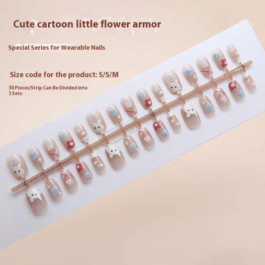 Pontas de unha pré-fabricadas, desenho animado fofo, esquema de cores de animais, flor pequena, amor, oblíqua, francesa, doce, menina, peça de arte de unha removível ｜ 365nails