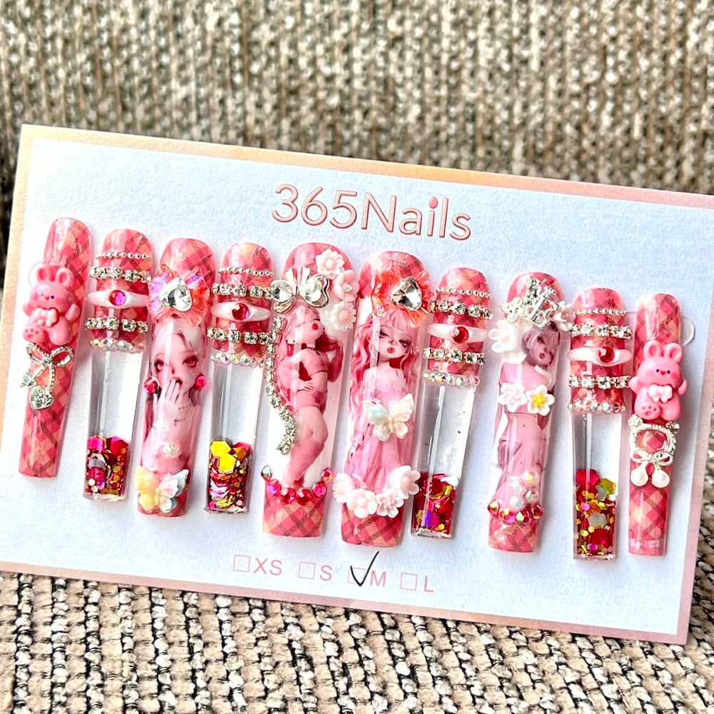 365nails: "Pink Plaid Bunny Doll" – Handmade Floral Liquid Motion Press-On Long Pipe Nails-5.5cm