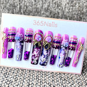 365nails: "Violet Reverie" – 3D Floral Character Handmade Coffin Nails-5.5cm