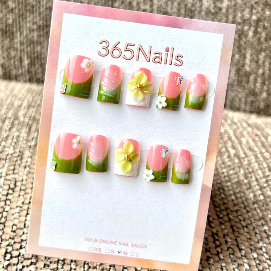 "Pink Green Tulip" - Wholesale Ultra-Soft Flexible Fit Handmade Nails (MOQ=100)