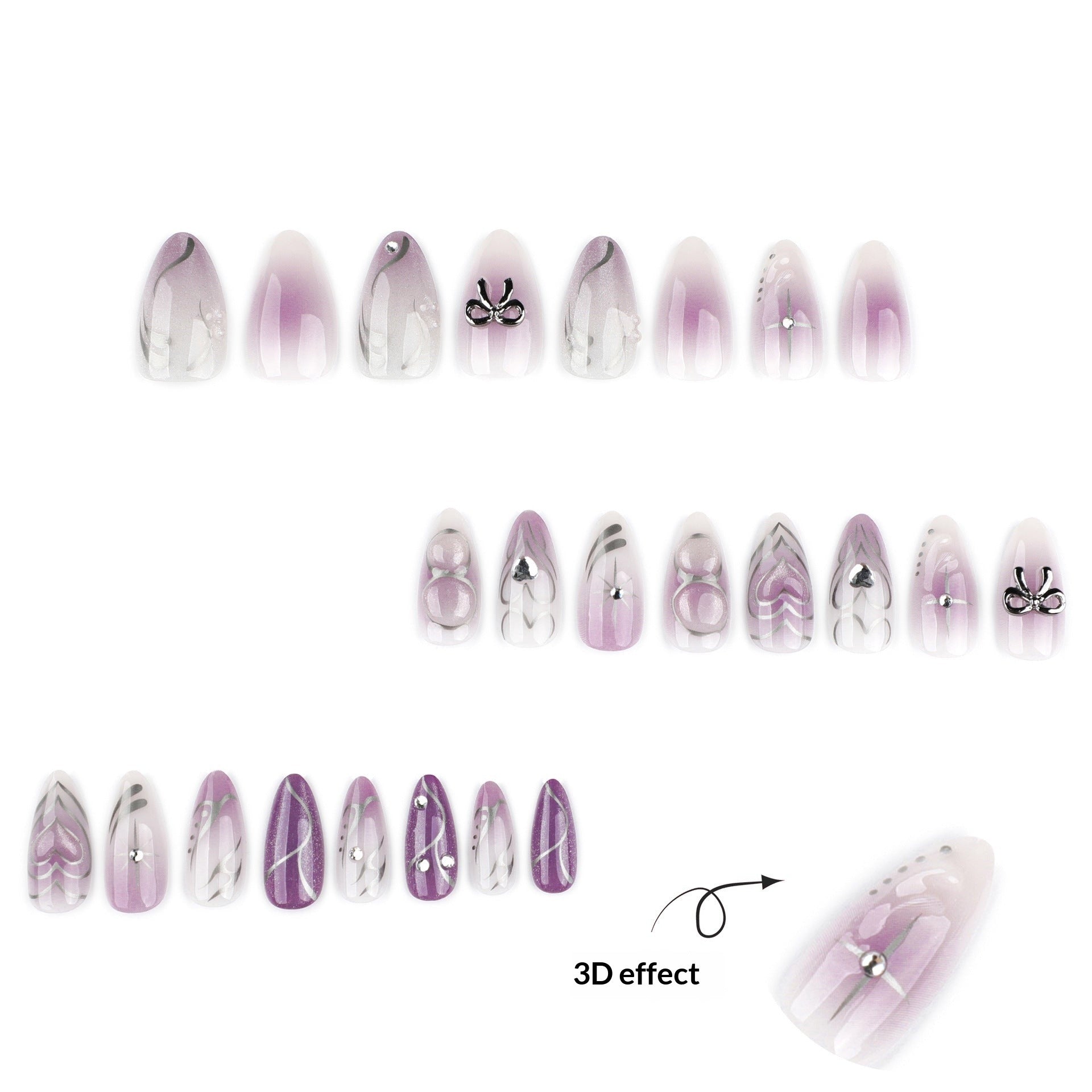 金屬感薰衣草漸層杏仁形穿戴甲，附3D立體飾品