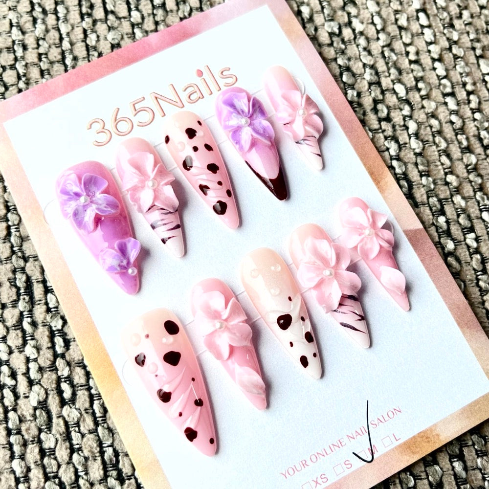 365nails: "달콤한 장난" – 수제 3D 꽃 장식 스틸레토형 네일