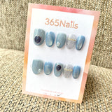 365nails: "Vintage Blue Cameo" – Dusty Blue Cat-Eye & Gem Handmade Squoval Nails