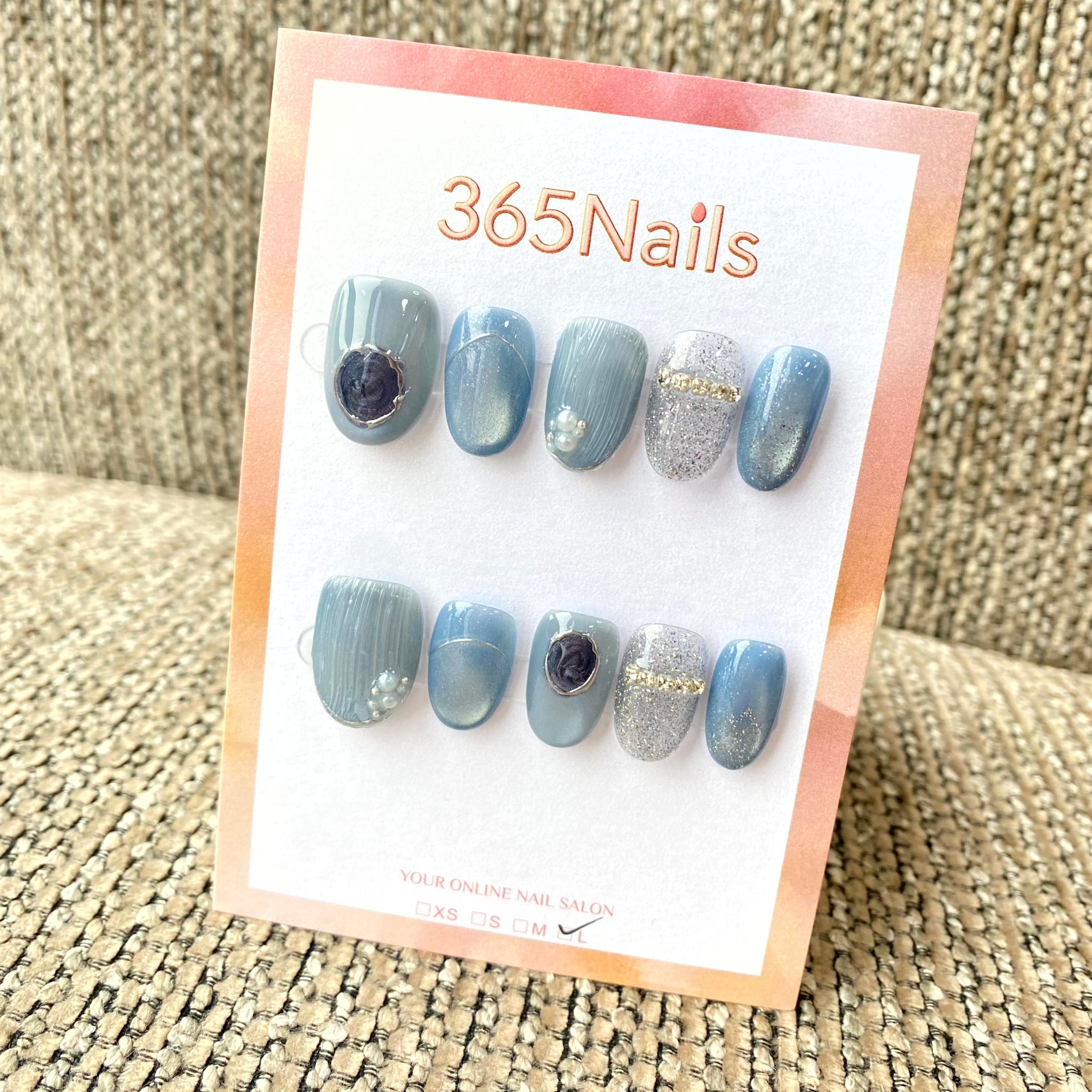 365nails: "Vintage Blue Cameo" – Dusty Blue Cat-Eye & Gem Handmade Squoval Nails